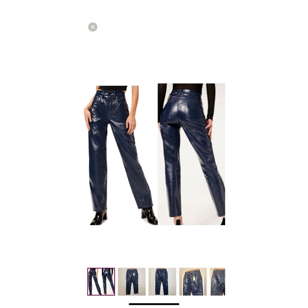 NEW Good American 6/28 Blue Faux Leather Vinyl High Rise Straight Leg Pants
